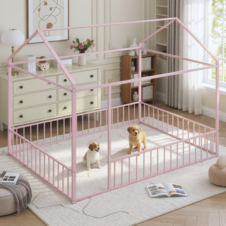 Sunvega Full Size Playhouse Metal Bed Frame with Fence for Kids and Teens