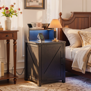 Sunvega Farmhouse Nightstand with Charging Station and Adjustable Shelf for Living Room Bedroom