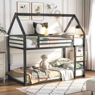 Sunvega Twin over Twin House Bunk Bed with Ladder and Slide in White
