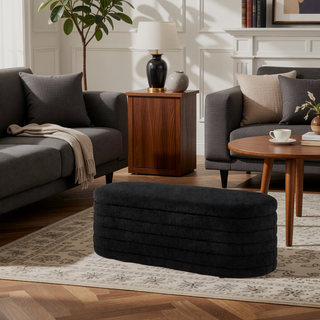 Sunvega Modern Oval Upholstered Boucle Teddy Fabric Storage Ottoman Bench with Safety Hinge