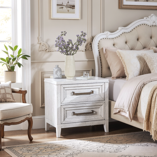 Sunvega Distressed White Nightstand with Two Roomy Drawers and Stepped Design