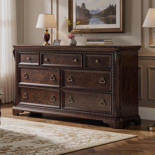 Sunvega Mahogany Finish 7 Drawer Dresser with Custom Hardware and Ash Veneers
