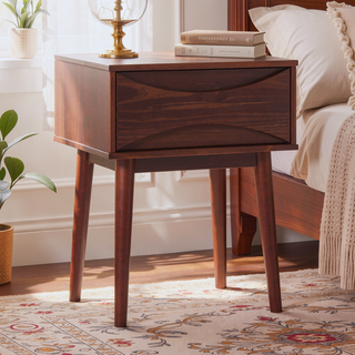 Sunvega Mid-Century Modern Walnut Nightstand with Curved Drawer and Tapered Legs