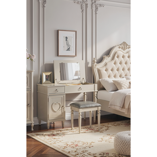 Sunvega Silver Color Rubber Wood Vanity Set with Stool and Open Up Mirror Storage