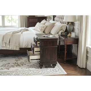 Sunvega Antique Walnut Nightstand with 2 Drawers and Unique Carving Design