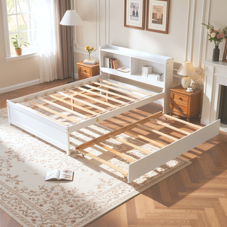 Sunvega White Twin Trundle Bed with Storage Headboard and Bookcase