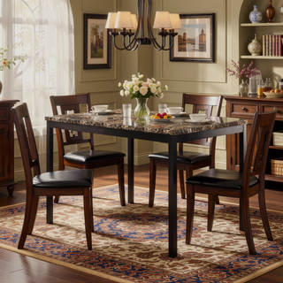 Sunvega Brown Faux Marble Table Top with Black Metal Frame Dining Table