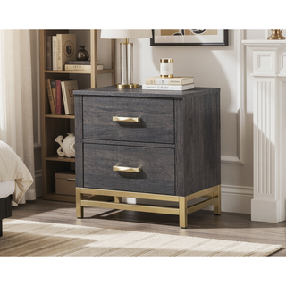 Sunvega Contemporary Gray Finish Nightstand with Gold Metallic Accents and Two Drawers
