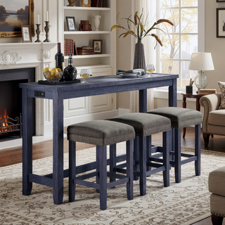 Sunvega Transitional Antique Blue and Gray Finish Dining Table Set with USB Outlet