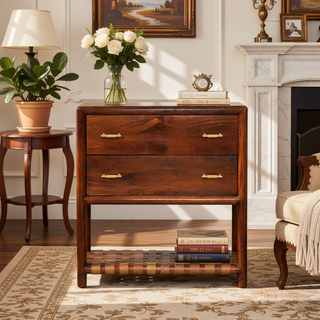 Sunvega Modern Woven 2-Drawer Nightstand with Brass Handles and Braided Shelf