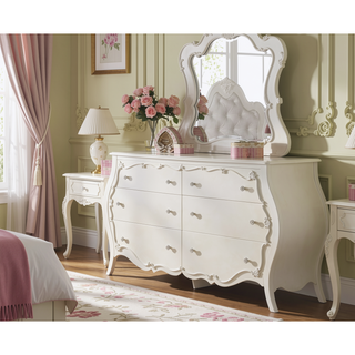 Sunvega Pearl White Finish Dresser with Scrolled Inlay Details and Spacious Drawers