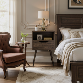 Sunvega Modern Dark Walnut Nightstand with Spacious Drawer and Open Shelf for Bedroom