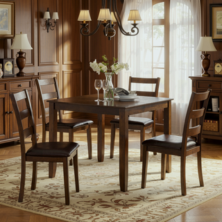 Sunvega Transitional Walnut and Dark Brown Finish 5-Piece Dining Table Set with Wooden Top