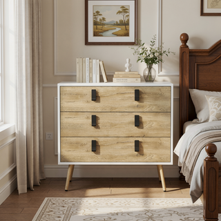 Sunvega Modern White Macadamia Finish Three Drawer Dresser for Bedroom