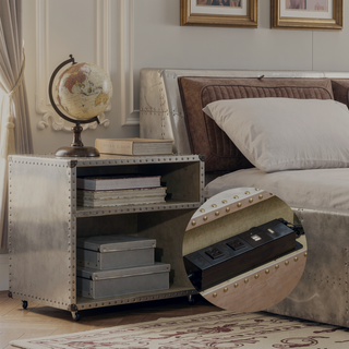 Sunvega Industrial Aluminum Nightstand with USB Power Dock and Nailhead Trim