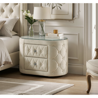 Sunvega Modern Oval Nightstand with Tufted Upholstery and Two Fabric Storage Drawers