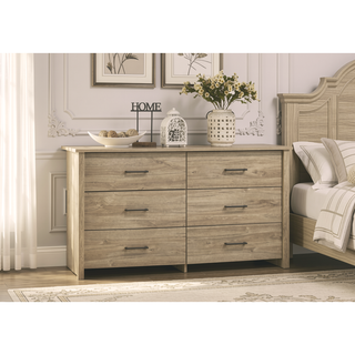 Sunvega Celeste 57 Inch Light Oak Finish 6-Drawer Dresser with Black Metal Handles