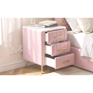 Sunvega Upholstered Wooden Nightstand with 3 Drawers and Marbling Worktop