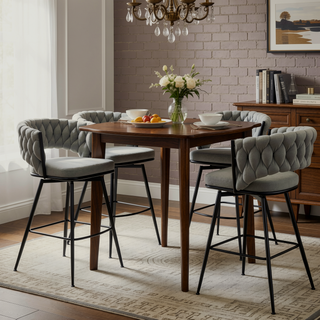 Sunvega Technical Leather Woven Bar Stool Set of 2 with 360 Swivel and Backrest