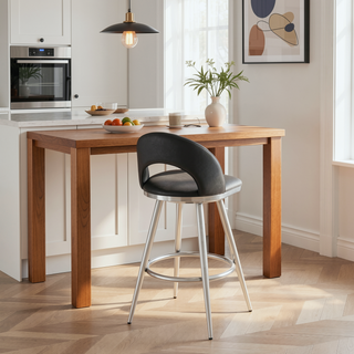 Sunvega Brushed Stainless Steel Swivel Bar Stool with Black Faux Leather Upholstery