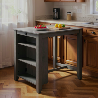 Sunvega Modern Gray Wood Counter Height Dining Table with USB Ports and Shelves