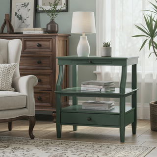 Sunvega Vintage Green Storage Nightstand with Drawer and Pull Out Tray