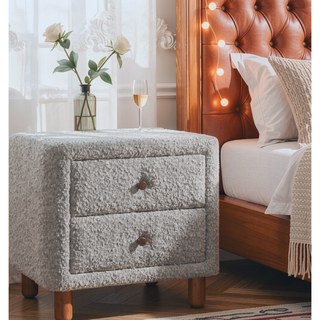 Sunvega Classic Gray Two Drawer Nightstand with Plush Boucle Upholstery and Wooden Legs