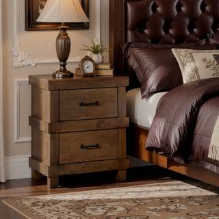 Sunvega Antique Oak Finish Farmhouse Nightstand with Two Felt Lined Drawers