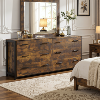 Sunvega Rustic Oak and Black Frame 6-Drawer Dresser with Metal Glide Drawers