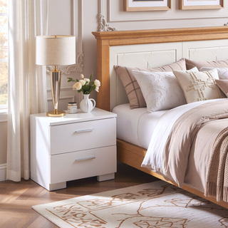 Sunvega White and Chrome 2-Drawer Nightstand with High Gloss Finish and Smooth Ball Bearing Glides