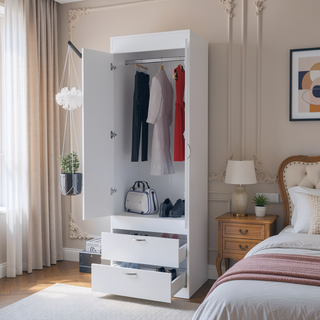 Sunvega White Finish Armoire Tarento with Two Drawers and Double Door Cabinet