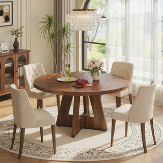 Sunvega 47 Inch Round Wood Dining Table with Walnut Finish for 4-6 Seating