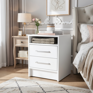 Sunvega White 2-Drawer Nightstand with Open Shelf for Small Bedroom Spaces