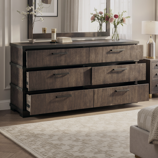 Sunvega Brown Black Finish 2-Drawers Nightstand Modern Industrial Bedroom Furniture