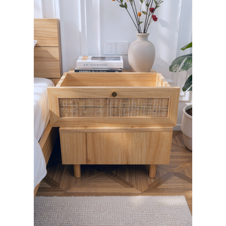 Sunvega Modern Vintage Nightstand with Caned Drawers for Bedroom Storage