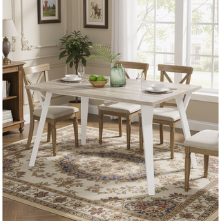 Sunvega White and Natural Wood Rectangular Dining Table with Saber Legs for 6
