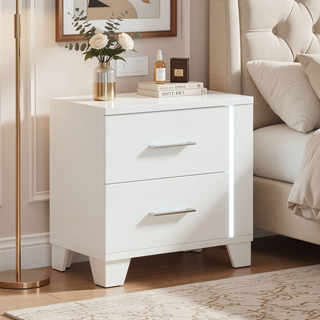 Sunvega White High Gloss Finish Modern Nightstand with LED Light and Dovetail Drawers