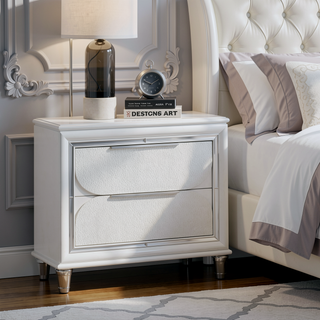 Sunvega Pearl White Nightstand with Acrylic Crystal Legs and Two Deep Storage Drawers