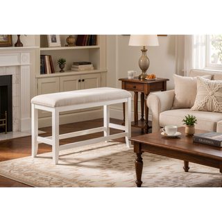 Sunvega Transitional White Finish Upholstered Counter-Height Dining Bench with Linen Look Fabric