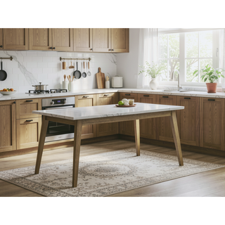 Sunvega White Marble Top Dining Table with Canted Wood Legs Mid-Century Modern