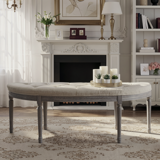 Sunvega Light Beige Button Tufted Upholstered Bench with Weathered Gray Wooden Legs