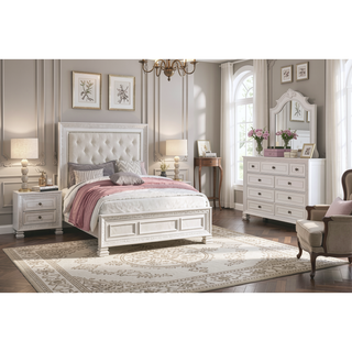 Sunvega Classic Luxury Pearl White Finish Nightstand with 2 Dovetail Drawers Dart Molding