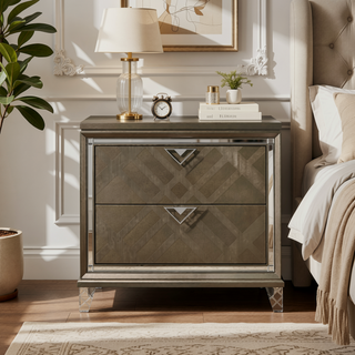 Sunvega Modern Glam Dark Champagne Finish Nightstand with 2 Embossed Drawers and Acrylic Legs