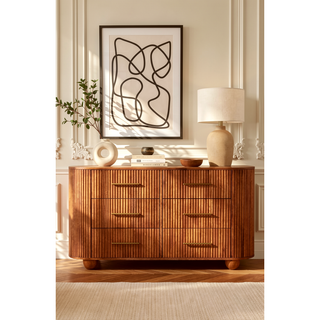 Sunvega Solid Mango Wood Ridgefront Chest with Six Ribbed Drawers in Amber Oak Finish