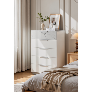 Sunvega Mist Chest White High-Gloss Lacquer Finish with Five Smooth-Glide Drawers
