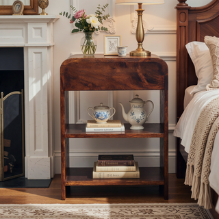 Sunvega Solid Mango Wood Bedside Table with Drawer and Open Shelves