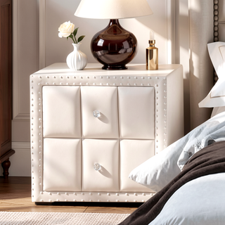 Sunvega Beige Contemporary Nightstand with Crystal Knobs and Vertical Tufting