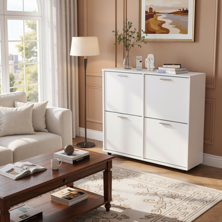 Sunvega White Tilt-Out 4-Door Storage Cabinet with Modern Industrial Design