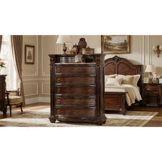 Sunvega Traditional Dark Walnut Wood Chest with Five Drawers and Metal Handles