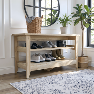 Sunvega Light Oak Storage Bench with Two Open Shelves and Four Legs